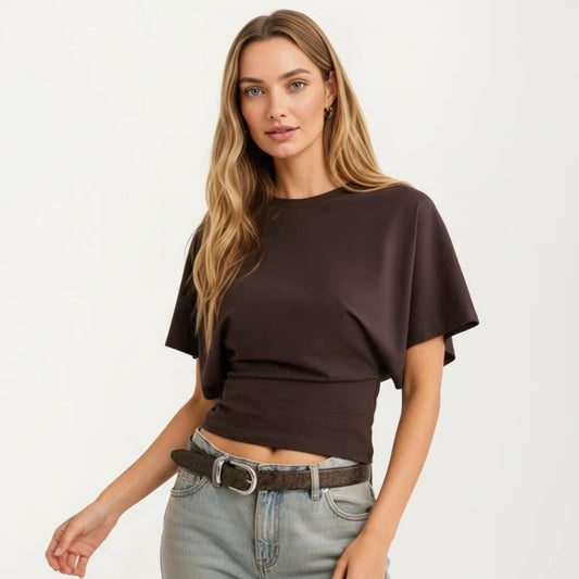 Short Sleeve Cropped Top with Wide Waistband and Relaxed Draped Fit