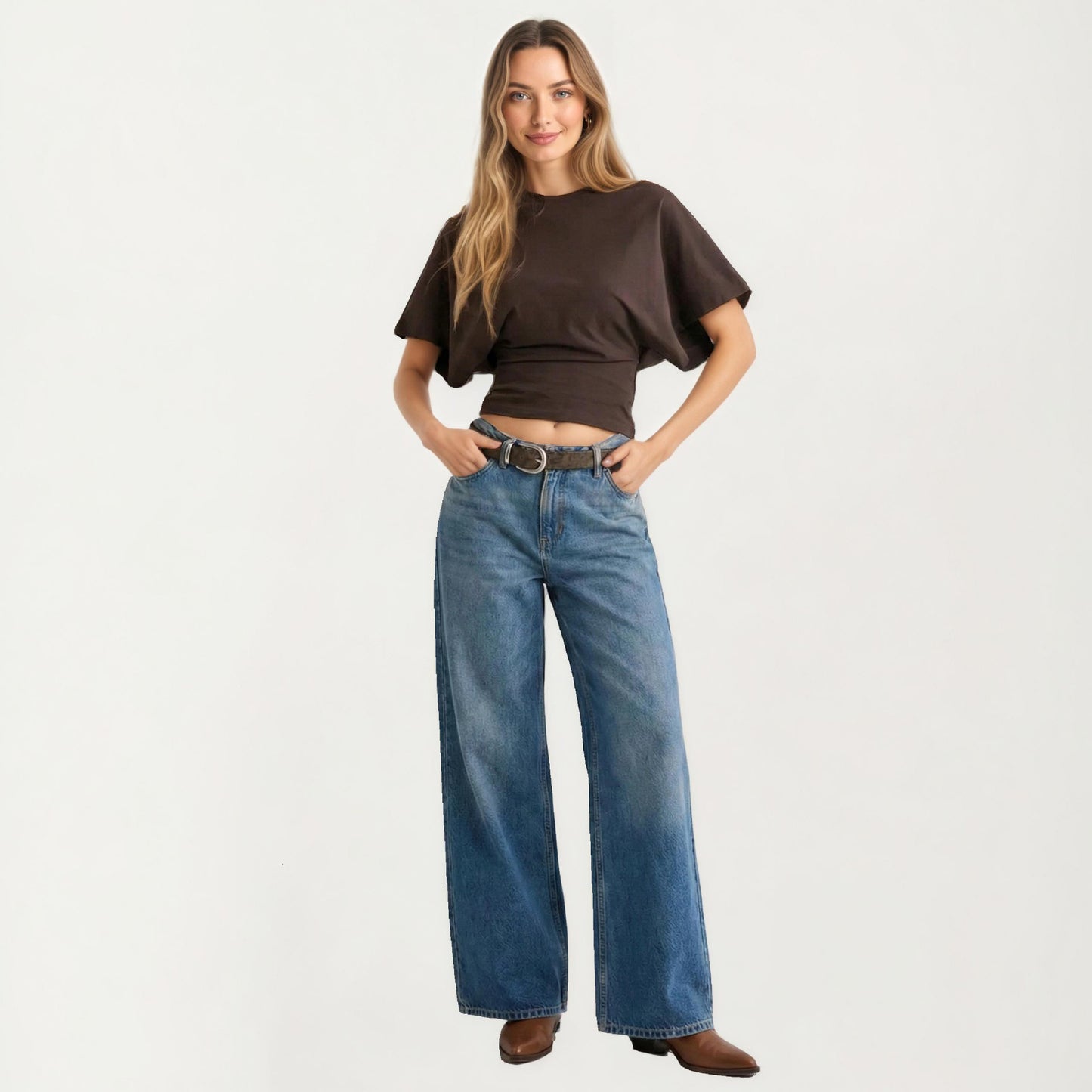 Short Sleeve Cropped Top with Wide Waistband and Relaxed Draped Fit