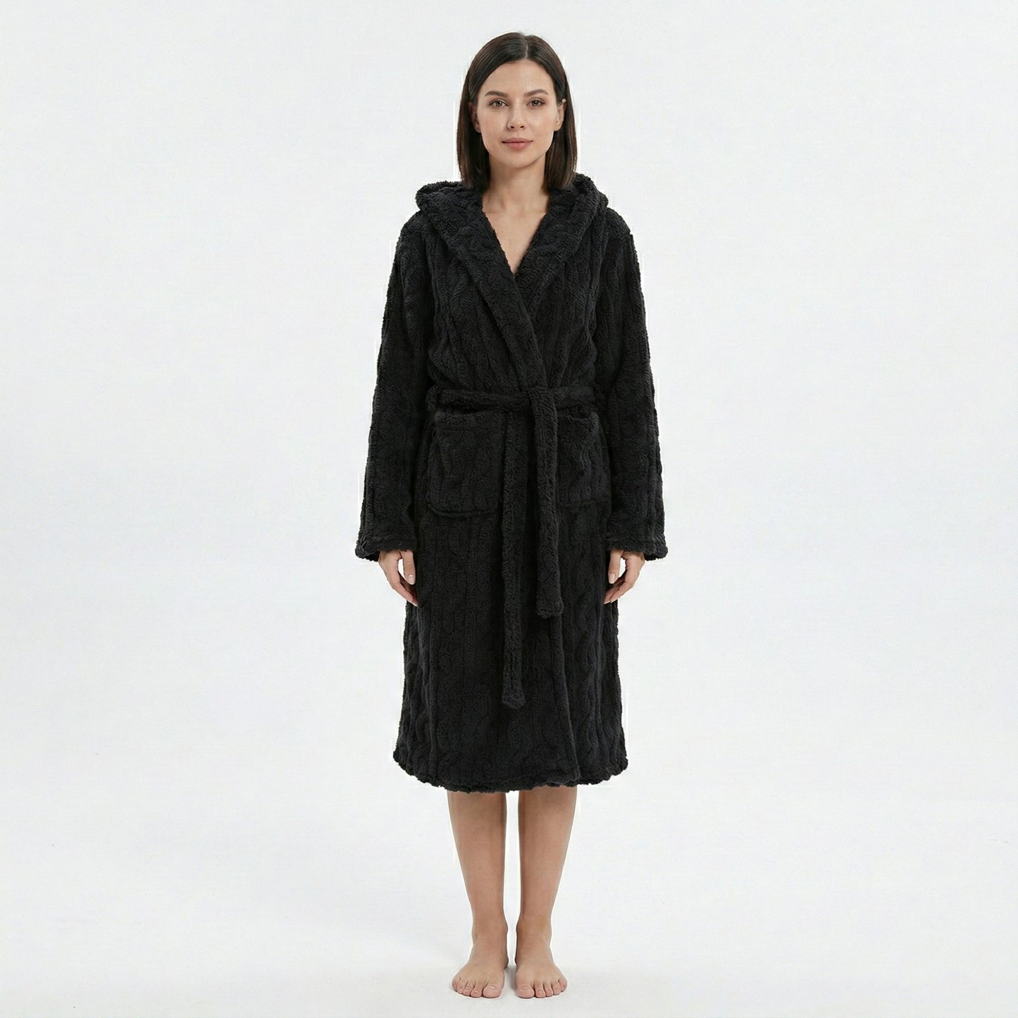 Plush Hooded Long Sleeve robe with Textured Fleece Fabric Adjustable Waist Tie Wrap Design