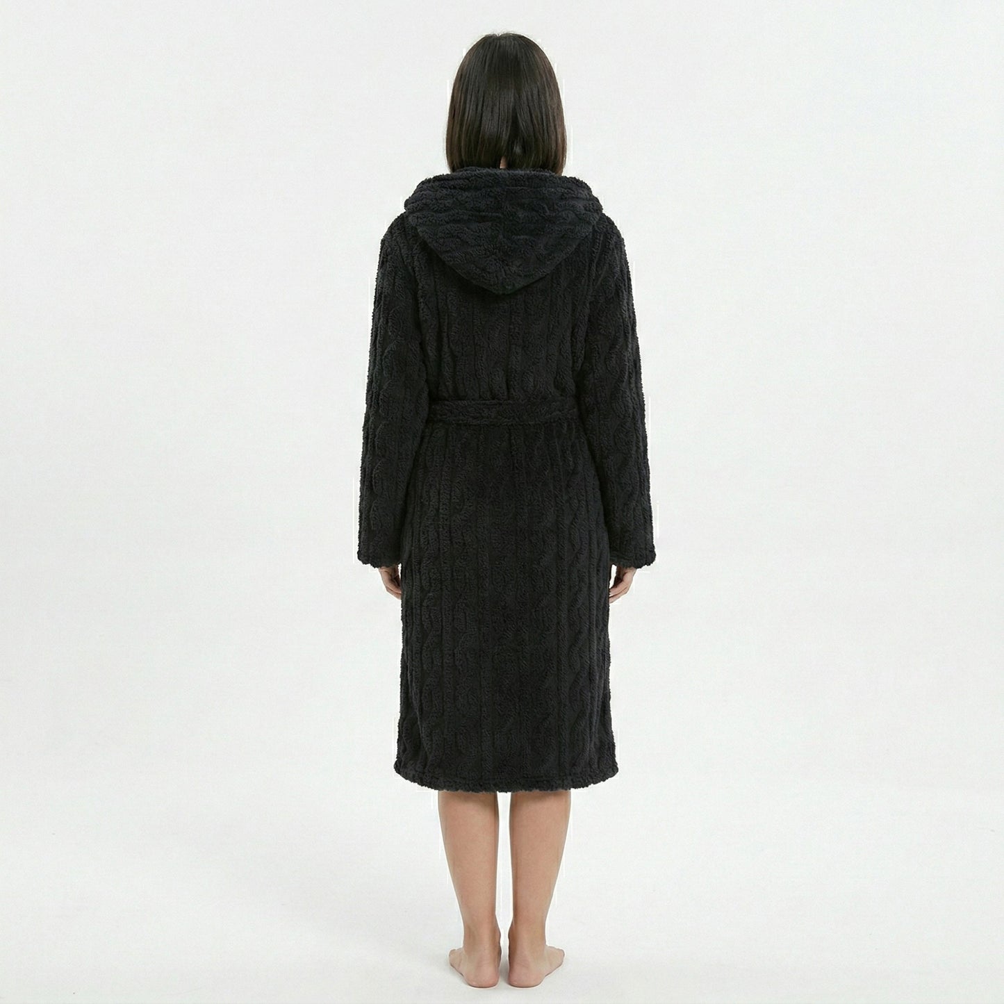 Plush Hooded Long Sleeve robe with Textured Fleece Fabric Adjustable Waist Tie Wrap Design