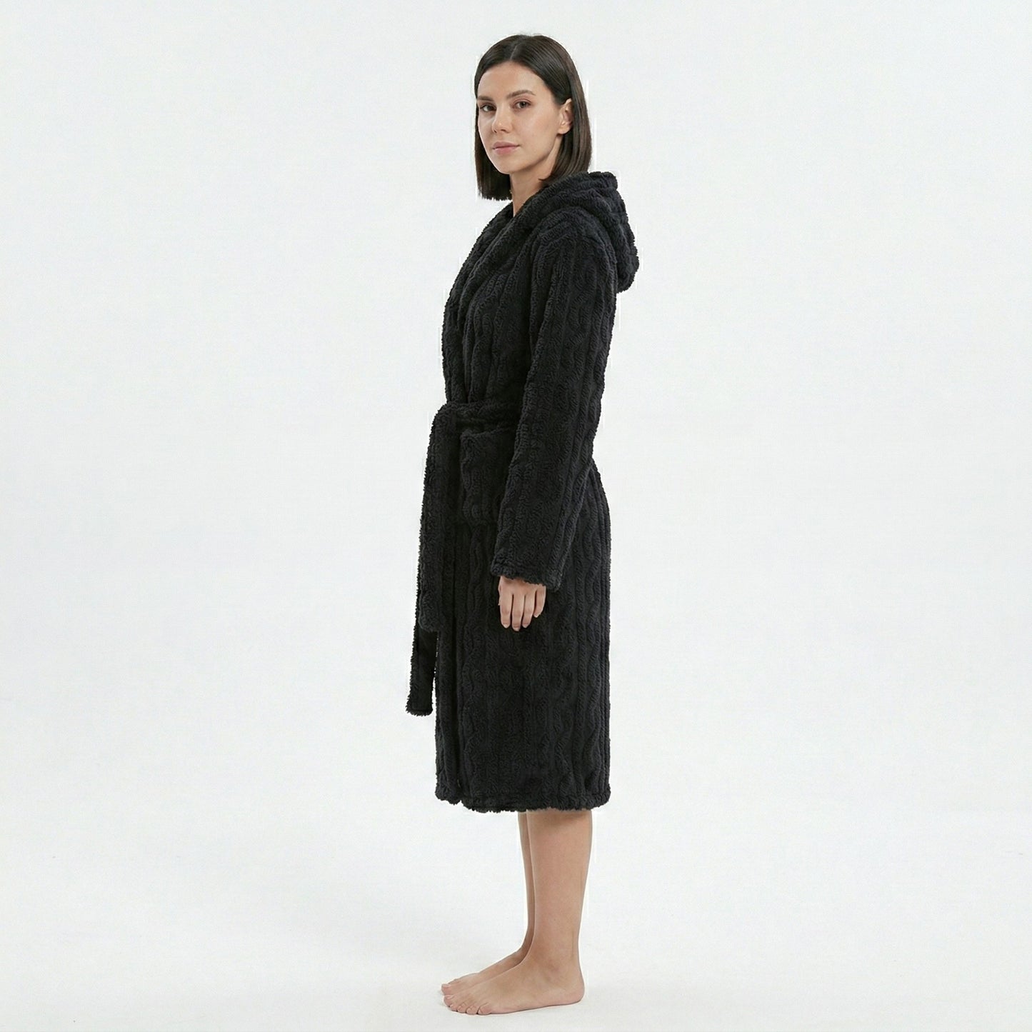 Plush Hooded Long Sleeve robe with Textured Fleece Fabric Adjustable Waist Tie Wrap Design