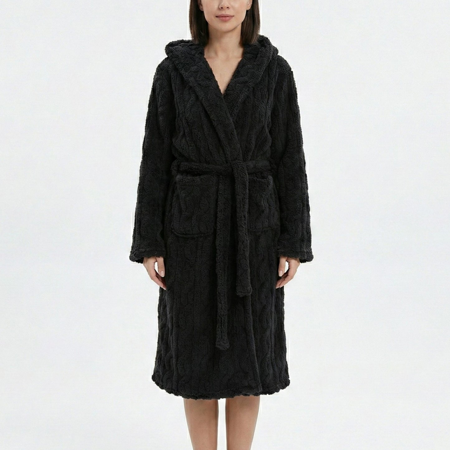 Plush Hooded Long Sleeve robe with Textured Fleece Fabric Adjustable Waist Tie Wrap Design
