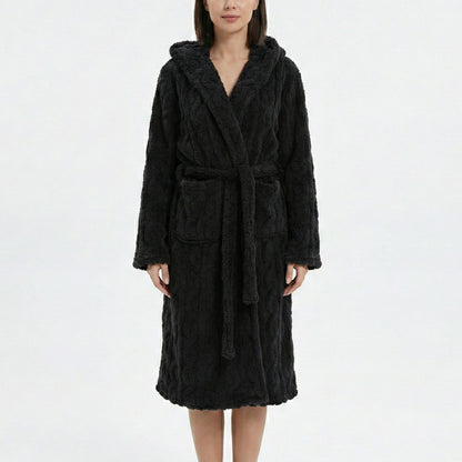 Plush Hooded Long Sleeve robe with Textured Fleece Fabric Adjustable Waist Tie Wrap Design