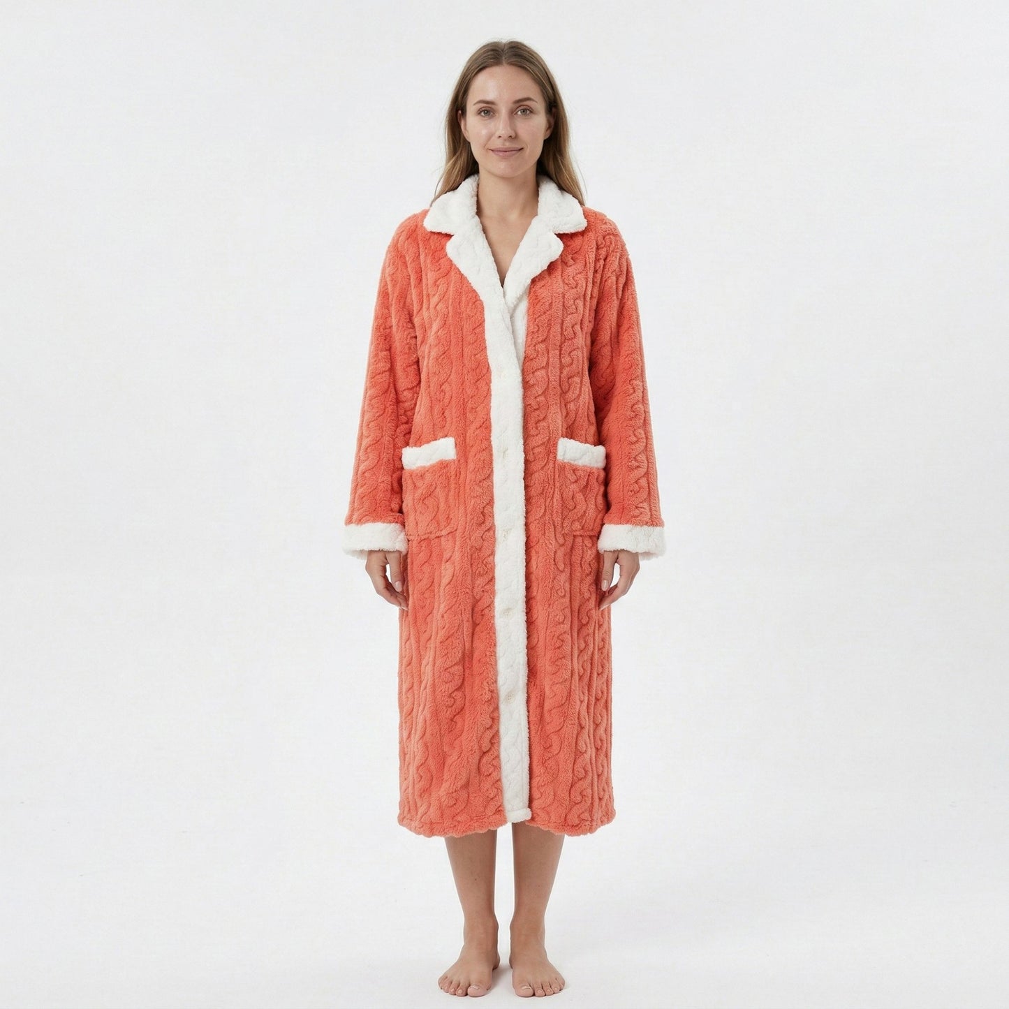 Plush Long Bathrobe with Textured Cable Pattern Contrast Plush Trim Button Front Closure
