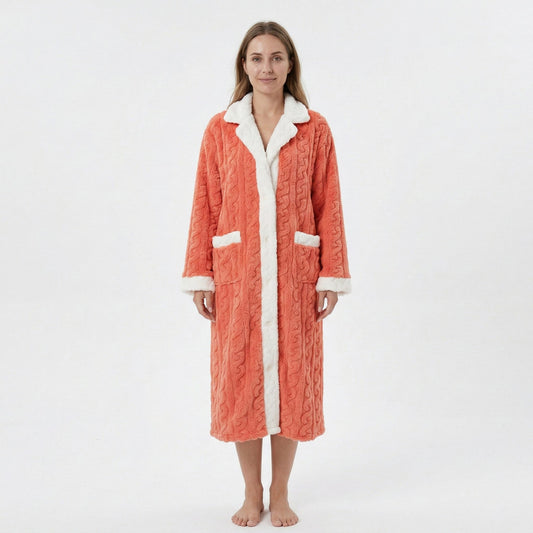 Plush Long Bathrobe with Textured Cable Pattern Contrast Plush Trim Button Front Closure