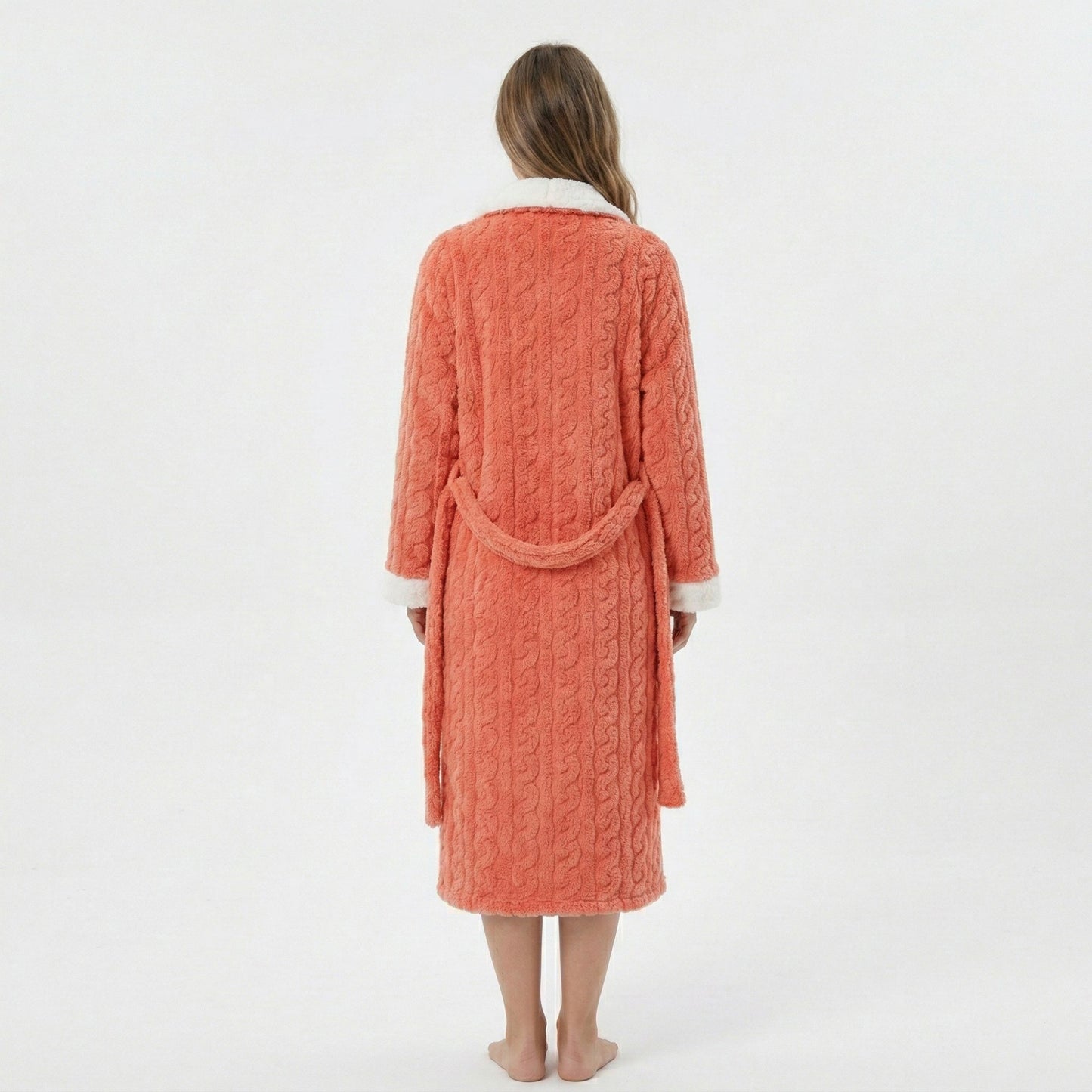 Plush Long Bathrobe with Textured Cable Pattern Contrast Plush Trim Button Front Closure