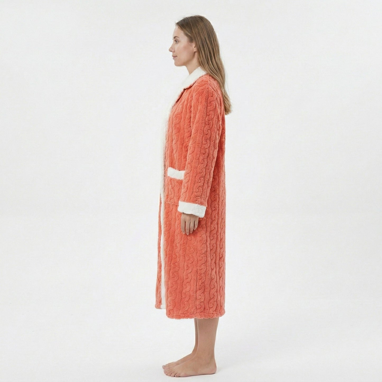 Plush Long Bathrobe with Textured Cable Pattern Contrast Plush Trim Button Front Closure