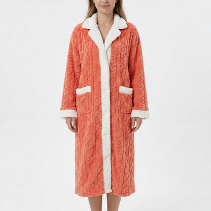 Plush Long Bathrobe with Textured Cable Pattern Contrast Plush Trim Button Front Closure