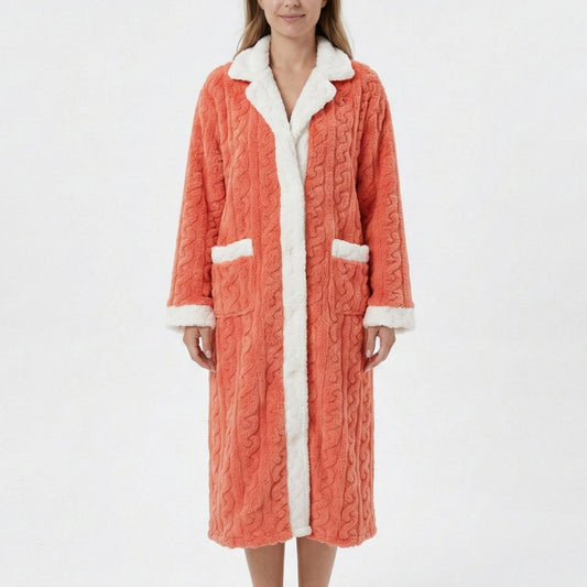 Plush Long Bathrobe with Textured Cable Pattern Contrast Plush Trim Button Front Closure