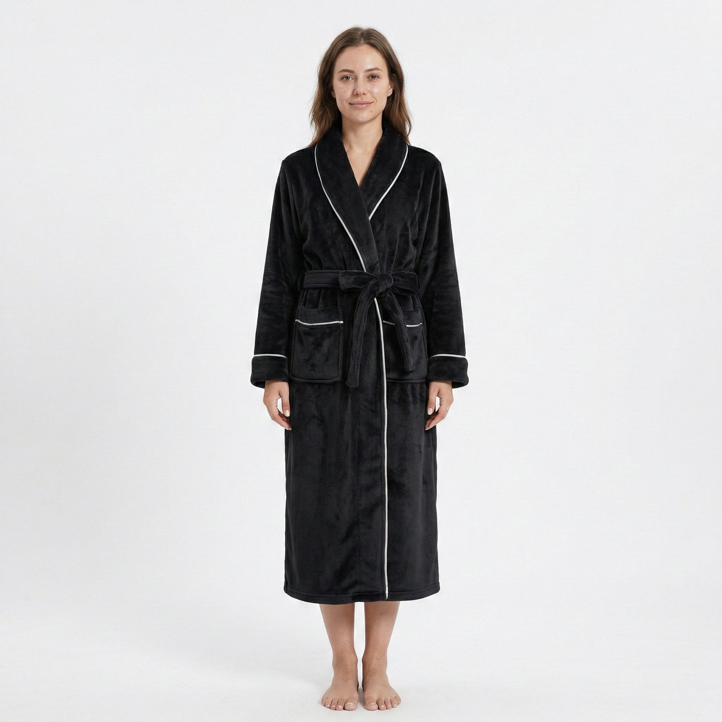 Plush Hooded Bathrobe with Waist Tie Belt Long Sleeve Wrap Design and Front Patch Pockets