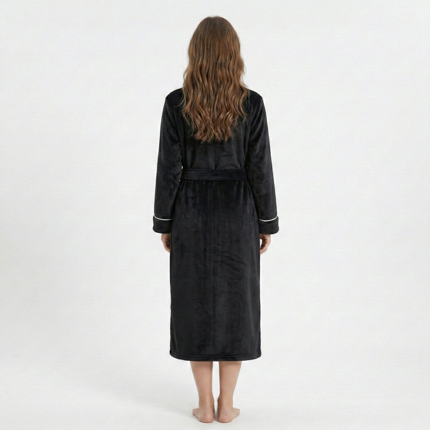 Plush Hooded Bathrobe with Waist Tie Belt Long Sleeve Wrap Design and Front Patch Pockets