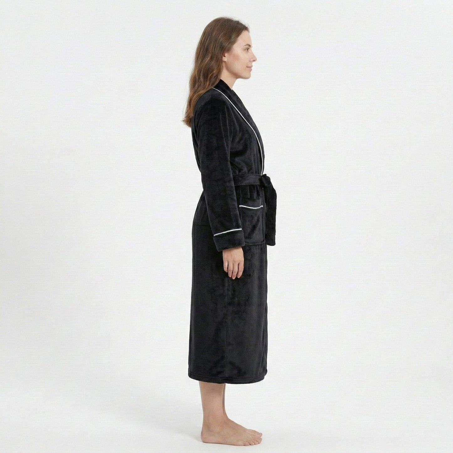Plush Hooded Bathrobe with Waist Tie Belt Long Sleeve Wrap Design and Front Patch Pockets
