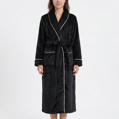 Plush Hooded Bathrobe with Waist Tie Belt Long Sleeve Wrap Design and Front Patch Pockets