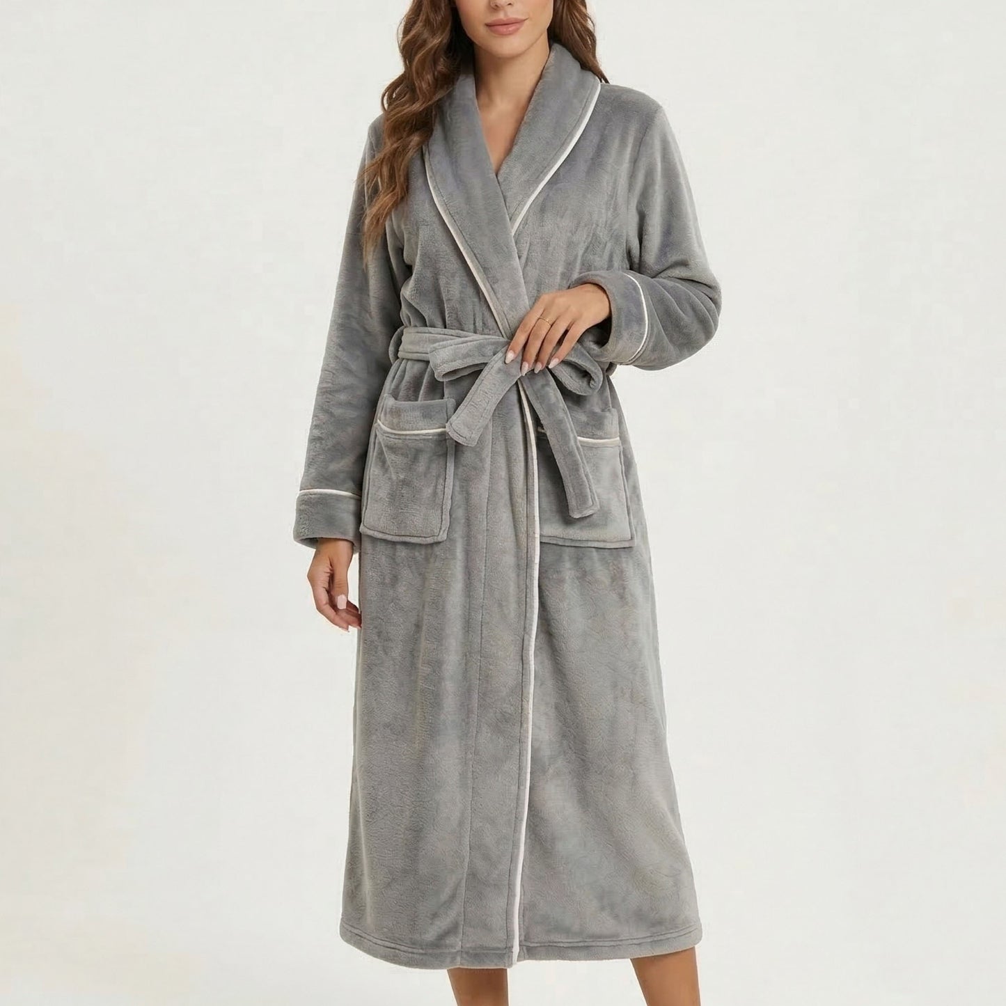 Plush Hooded Bathrobe with Waist Tie Belt Long Sleeve Wrap Design and Front Patch Pockets