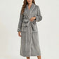 Plush Hooded Bathrobe with Waist Tie Belt Long Sleeve Wrap Design and Front Patch Pockets
