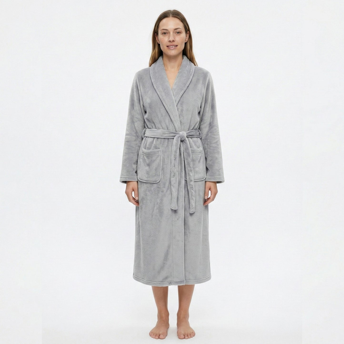 Plush Shawl Collar Long Bathrobe with Full Length Wrap Design Adjustable Waist Tie