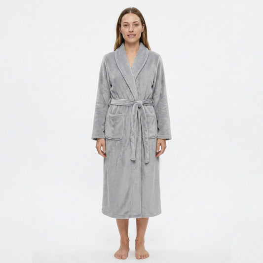Plush Shawl Collar Long Bathrobe with Full Length Wrap Design Adjustable Waist Tie