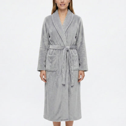Plush Shawl Collar Long Bathrobe with Full Length Wrap Design Adjustable Waist Tie