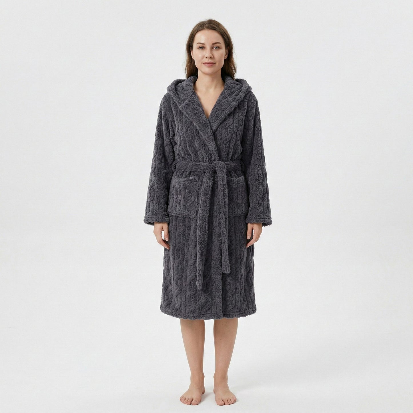 Plush Hooded Bathrobe with Textured Cable Pattern Long Wrap Design Adjustable Waist Tie