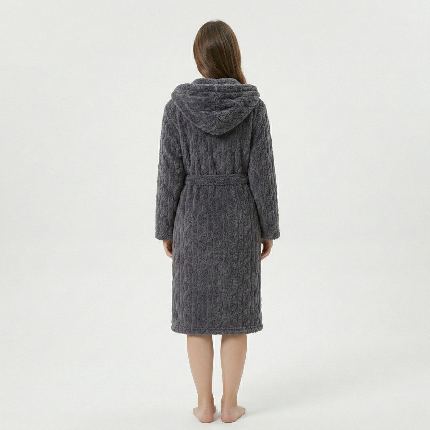 Plush Hooded Bathrobe with Textured Cable Pattern Long Wrap Design Adjustable Waist Tie