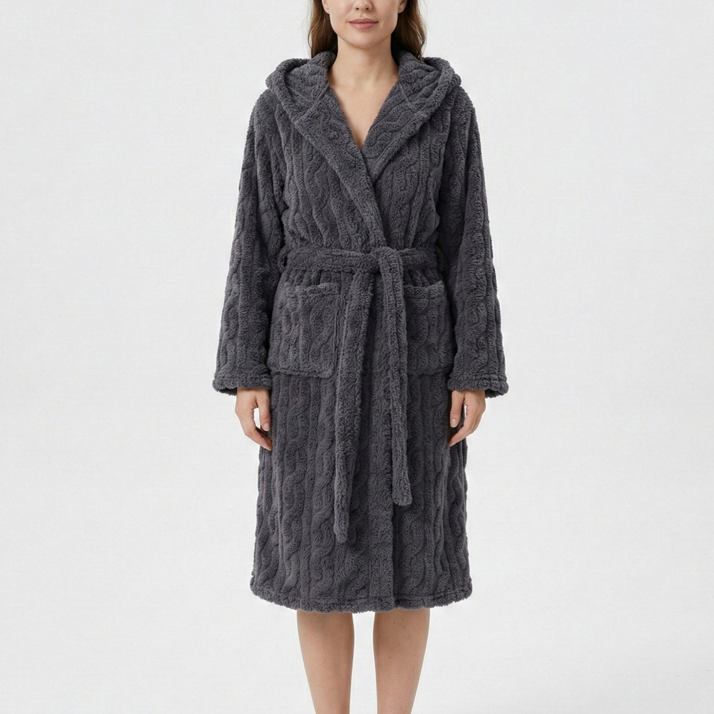 Plush Hooded Bathrobe with Textured Cable Pattern Long Wrap Design Adjustable Waist Tie
