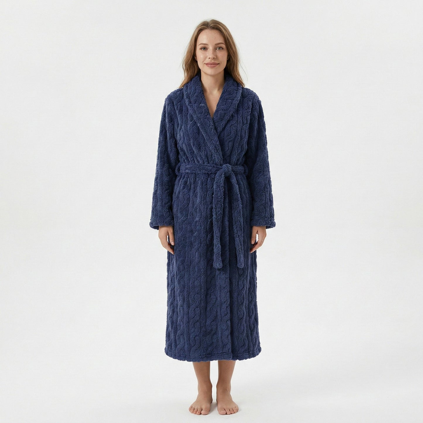 Plush Hooded Bathrobe with Textured Cable Pattern Long Wrap Design Adjustable Waist Tie
