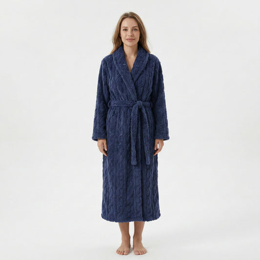 Plush Hooded Bathrobe with Textured Cable Pattern Long Wrap Design Adjustable Waist Tie