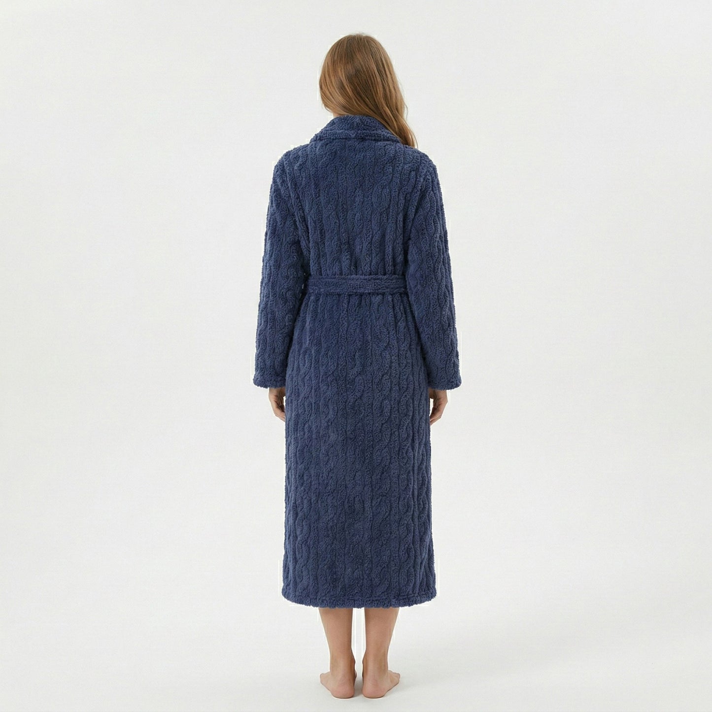 Plush Hooded Bathrobe with Textured Cable Pattern Long Wrap Design Adjustable Waist Tie