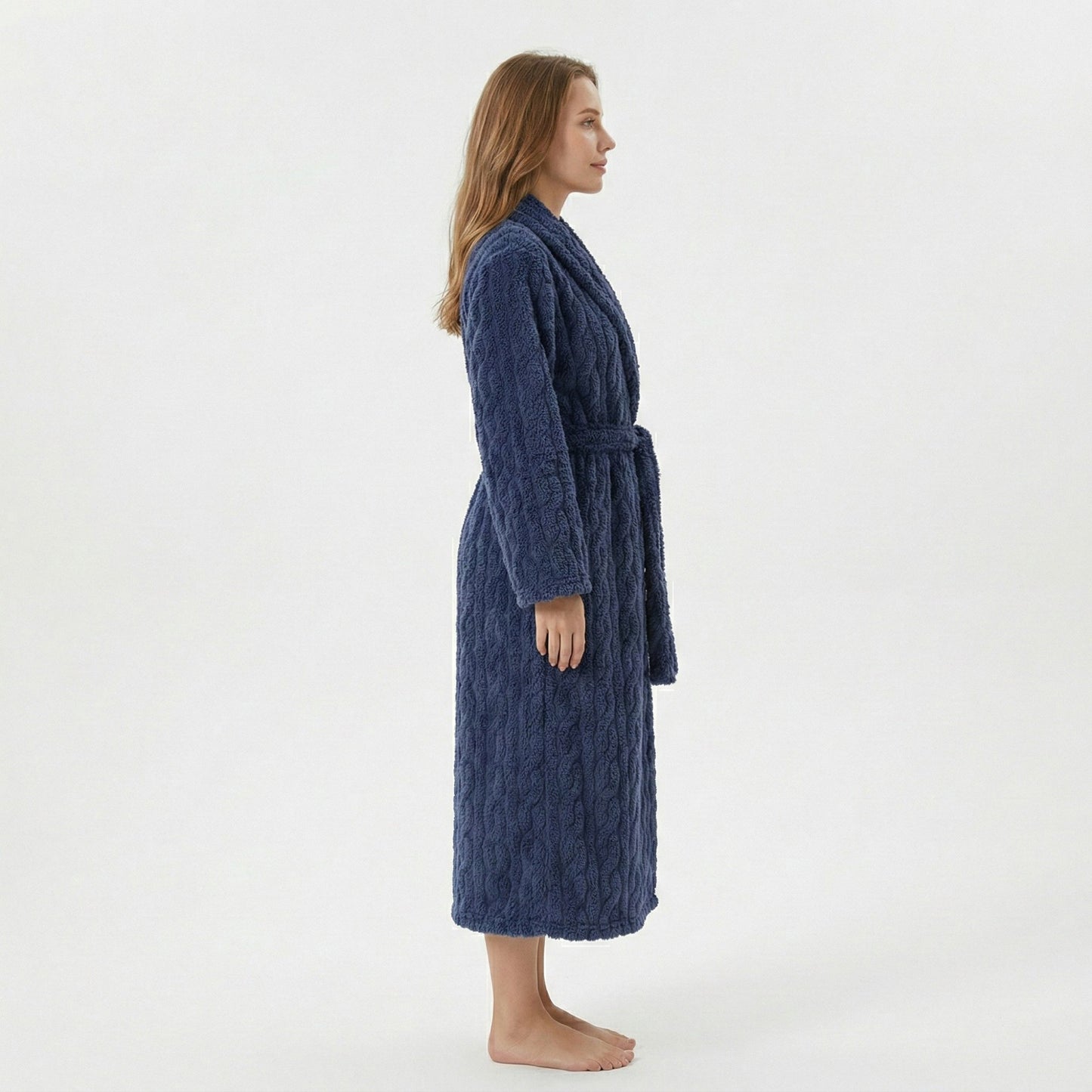 Plush Hooded Bathrobe with Textured Cable Pattern Long Wrap Design Adjustable Waist Tie