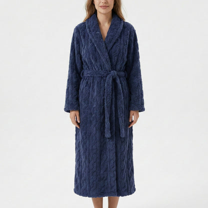 Plush Hooded Bathrobe with Textured Cable Pattern Long Wrap Design Adjustable Waist Tie