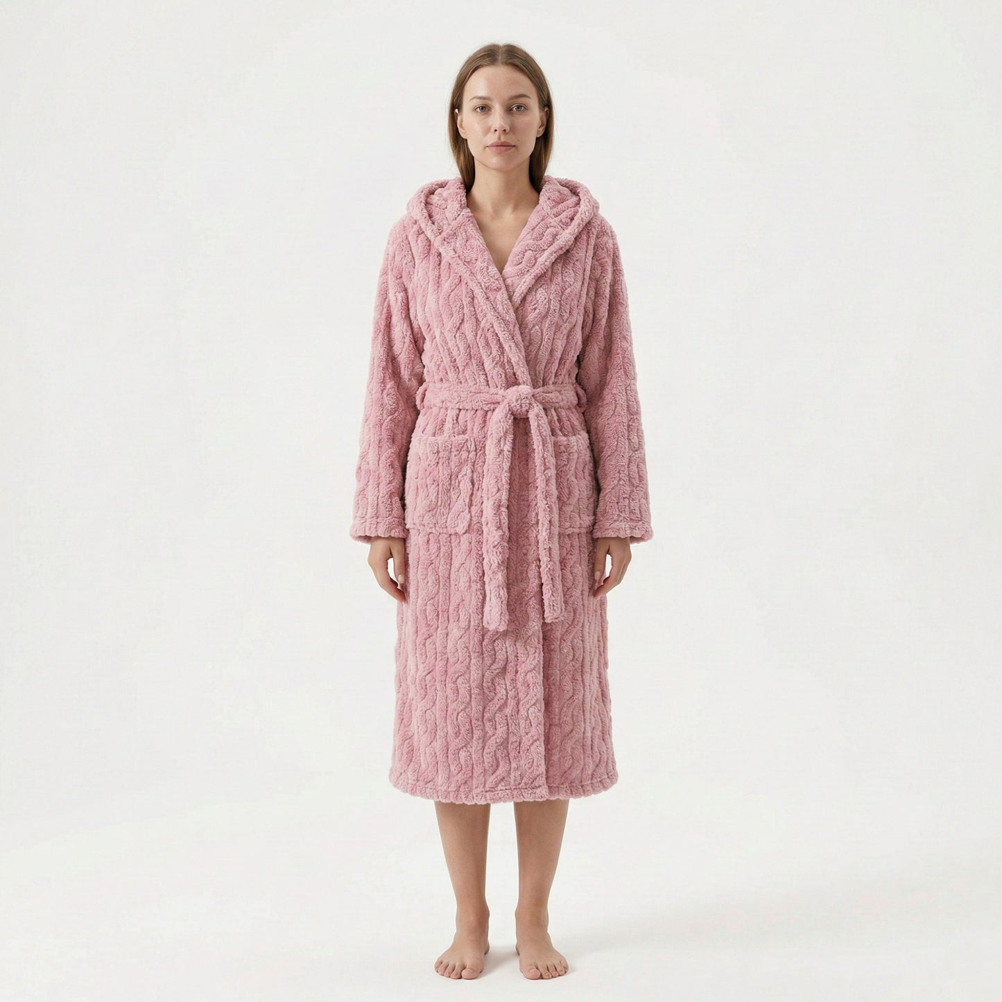 Plush Hooded Bathrobe with Textured Cable Pattern Long Wrap Design Adjustable Waist Tie