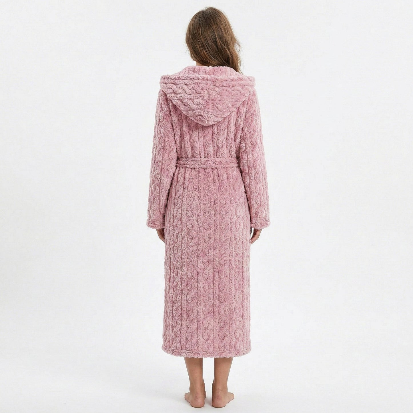 Plush Hooded Bathrobe with Textured Cable Pattern Long Wrap Design Adjustable Waist Tie