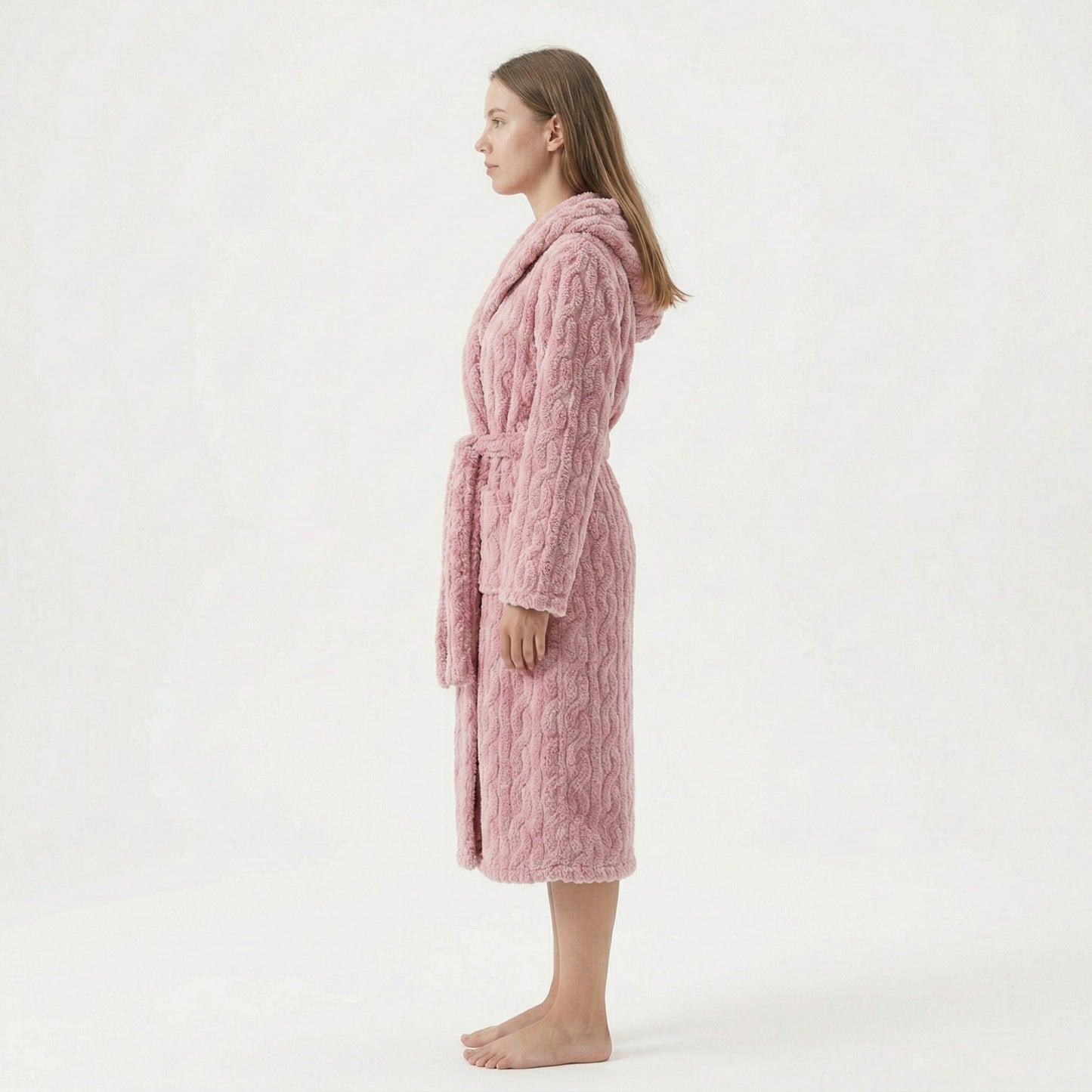 Plush Hooded Bathrobe with Textured Cable Pattern Long Wrap Design Adjustable Waist Tie