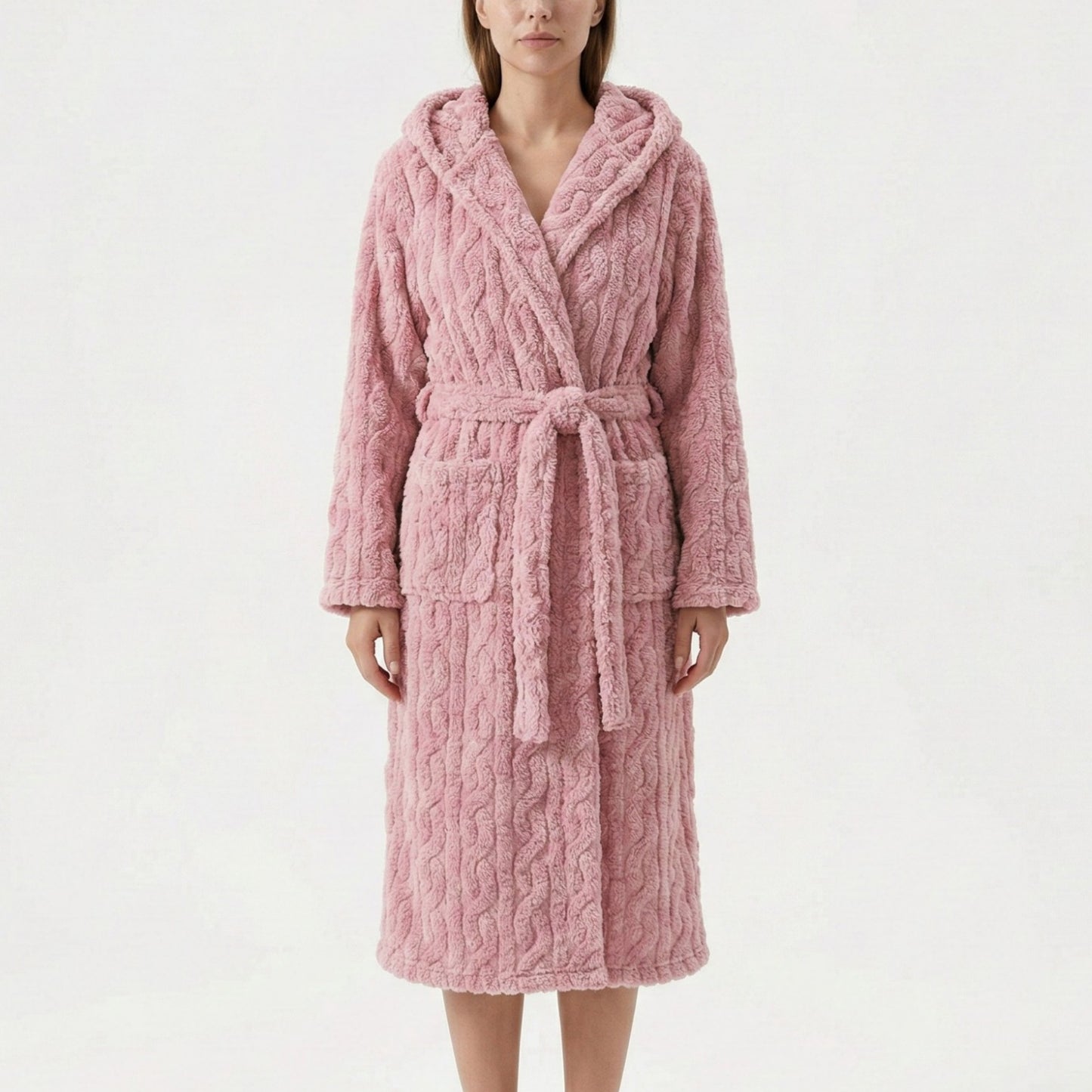 Plush Hooded Bathrobe with Textured Cable Pattern Long Wrap Design Adjustable Waist Tie