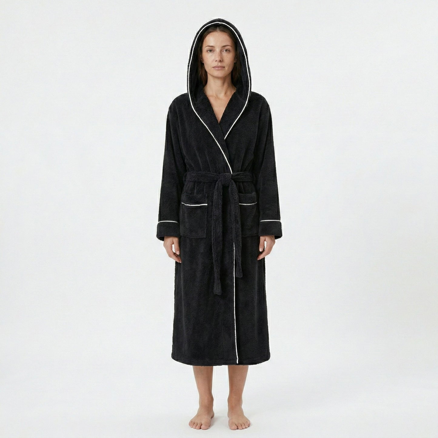 Plush Hooded Long Bathrobe with Full Length Wrap Design Adjustable Waist Tie Contrast Trim