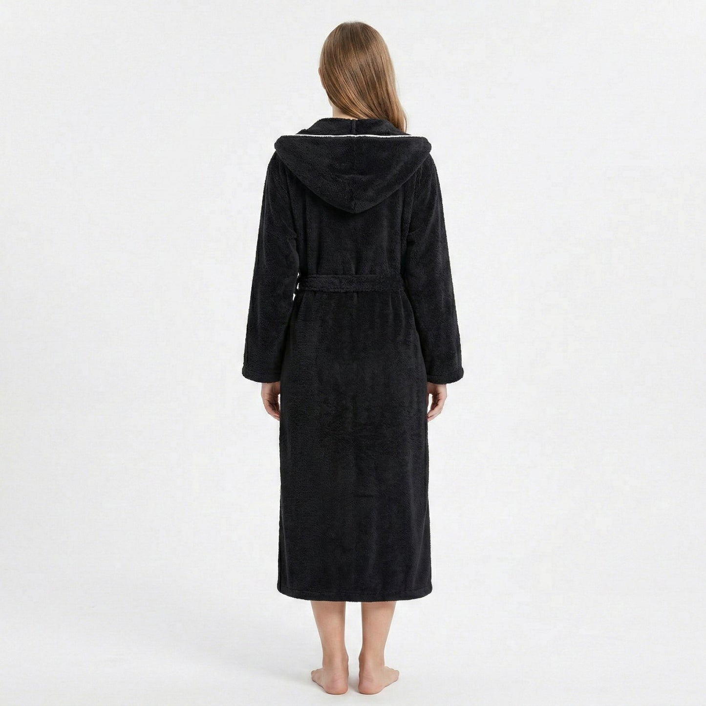 Plush Hooded Long Bathrobe with Full Length Wrap Design Adjustable Waist Tie Contrast Trim