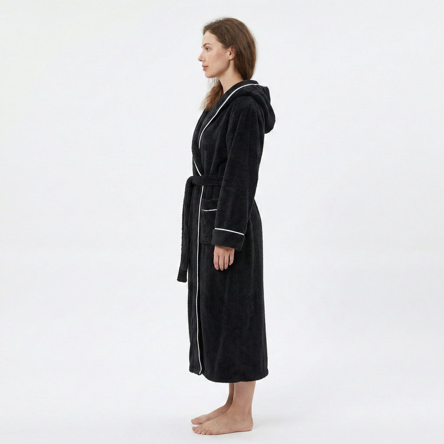 Plush Hooded Long Bathrobe with Full Length Wrap Design Adjustable Waist Tie Contrast Trim