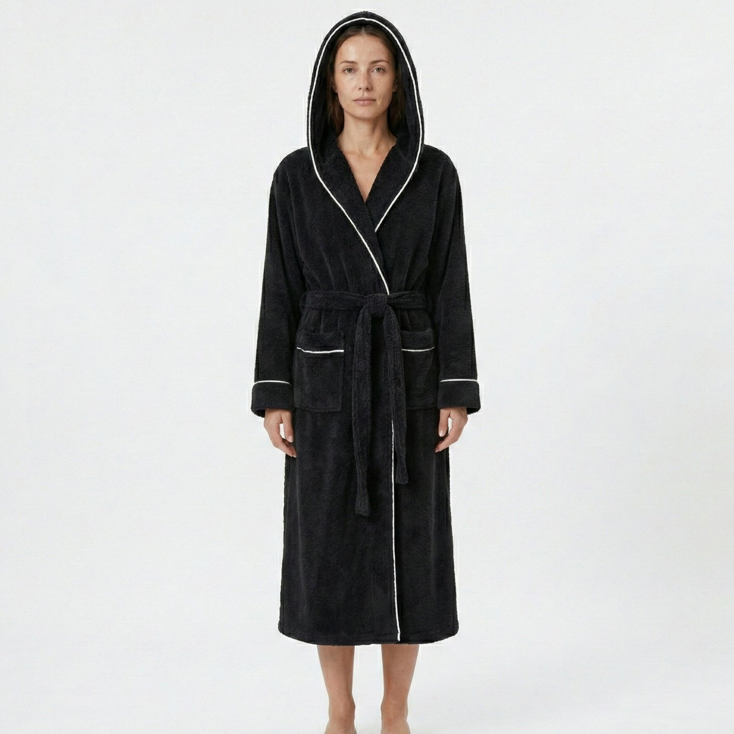 Plush Hooded Long Bathrobe with Full Length Wrap Design Adjustable Waist Tie Contrast Trim