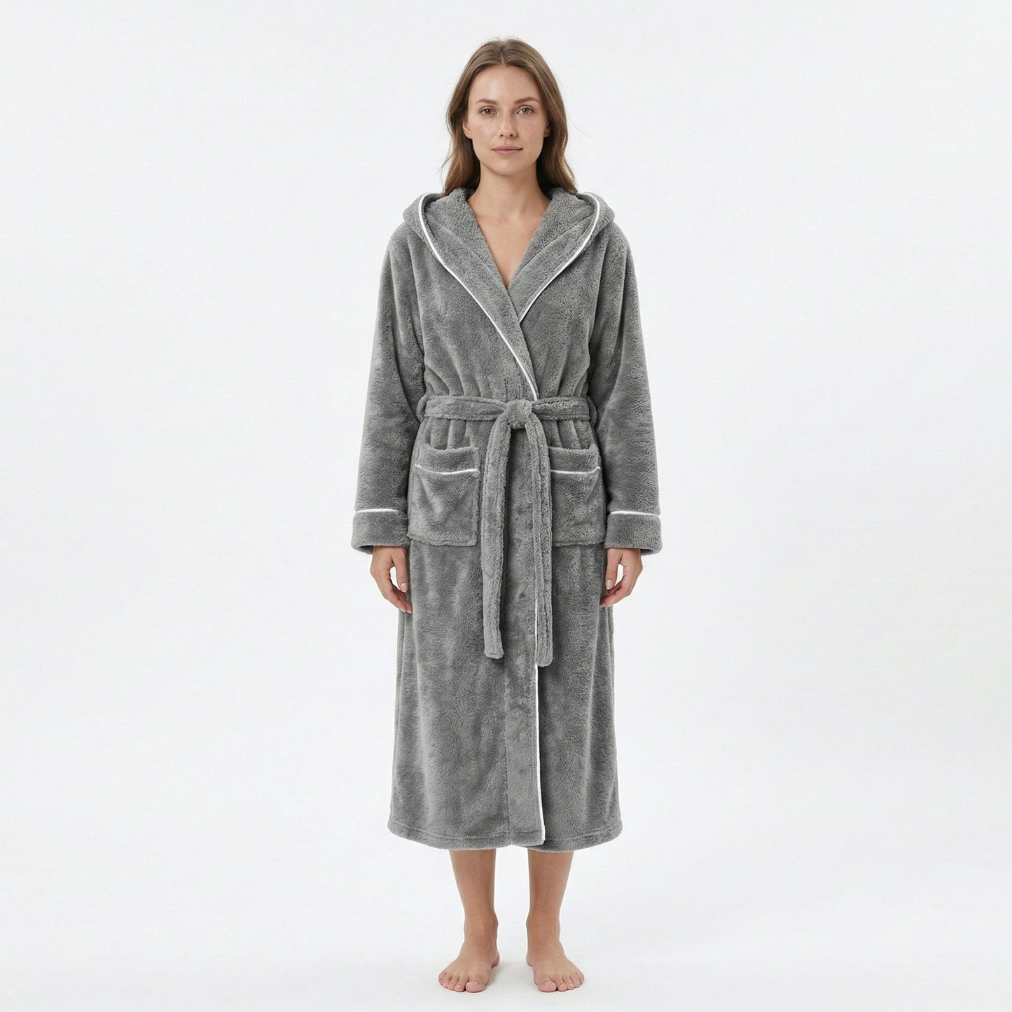 Plush Hooded Long Bathrobe with Full Length Wrap Design Adjustable Waist Tie Contrast Trim
