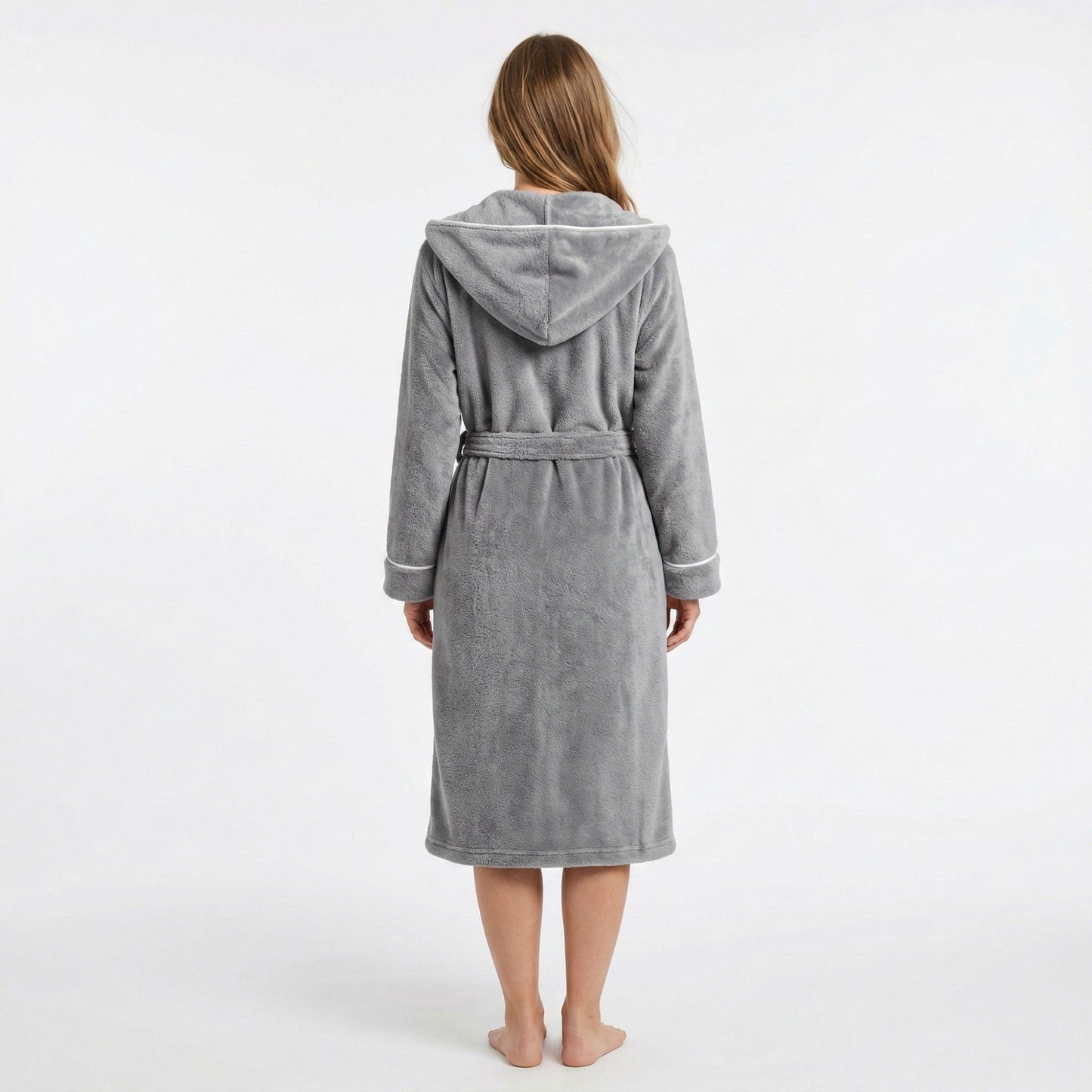 Plush Hooded Long Bathrobe with Full Length Wrap Design Adjustable Waist Tie Contrast Trim