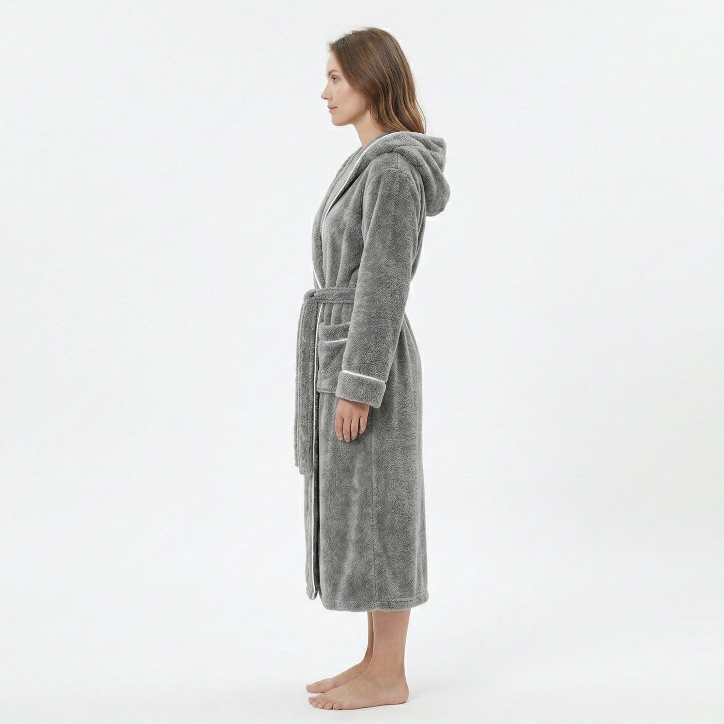 Plush Hooded Long Bathrobe with Full Length Wrap Design Adjustable Waist Tie Contrast Trim