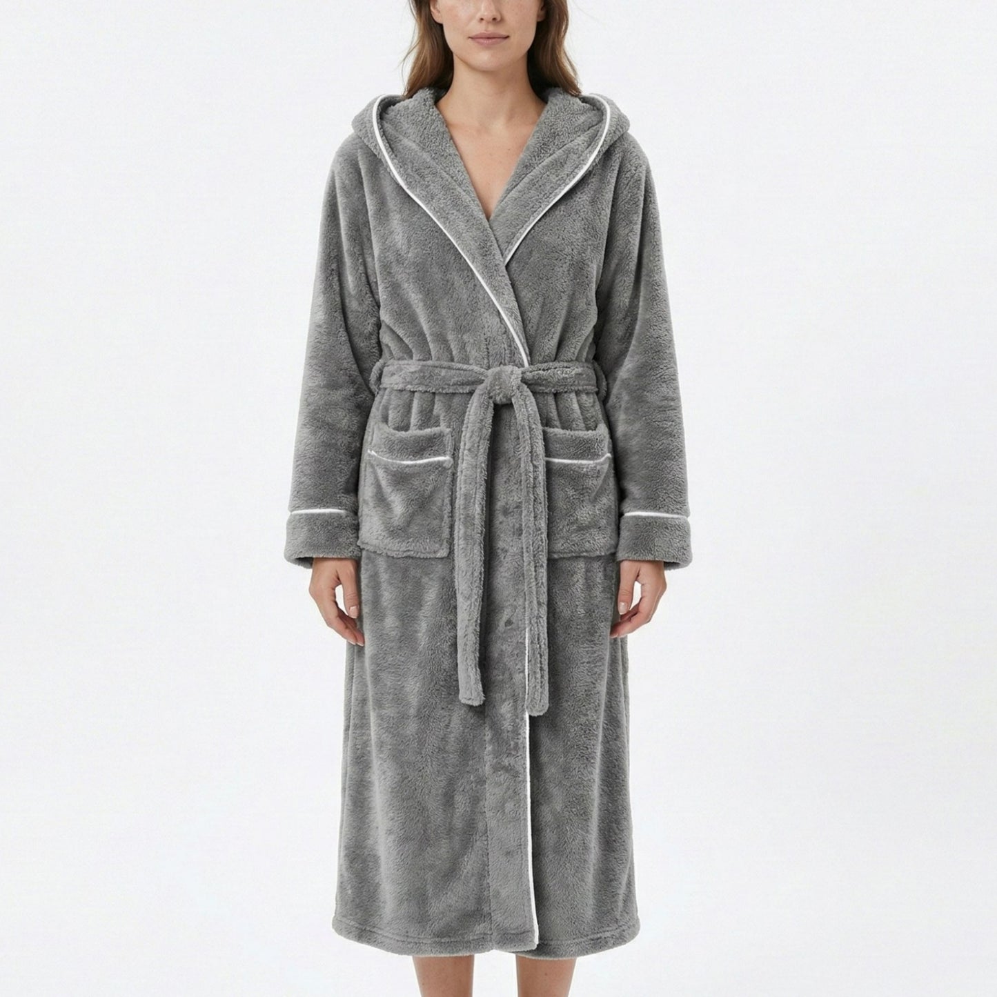 Plush Hooded Long Bathrobe with Full Length Wrap Design Adjustable Waist Tie Contrast Trim