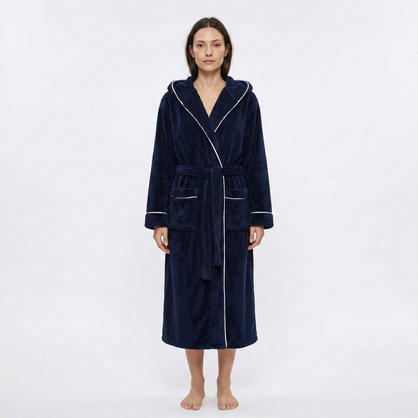 Plush Hooded Long Bathrobe with Full Length Wrap Design Adjustable Waist Tie Contrast Trim
