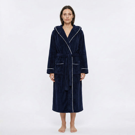 Plush Hooded Long Bathrobe with Full Length Wrap Design Adjustable Waist Tie Contrast Trim