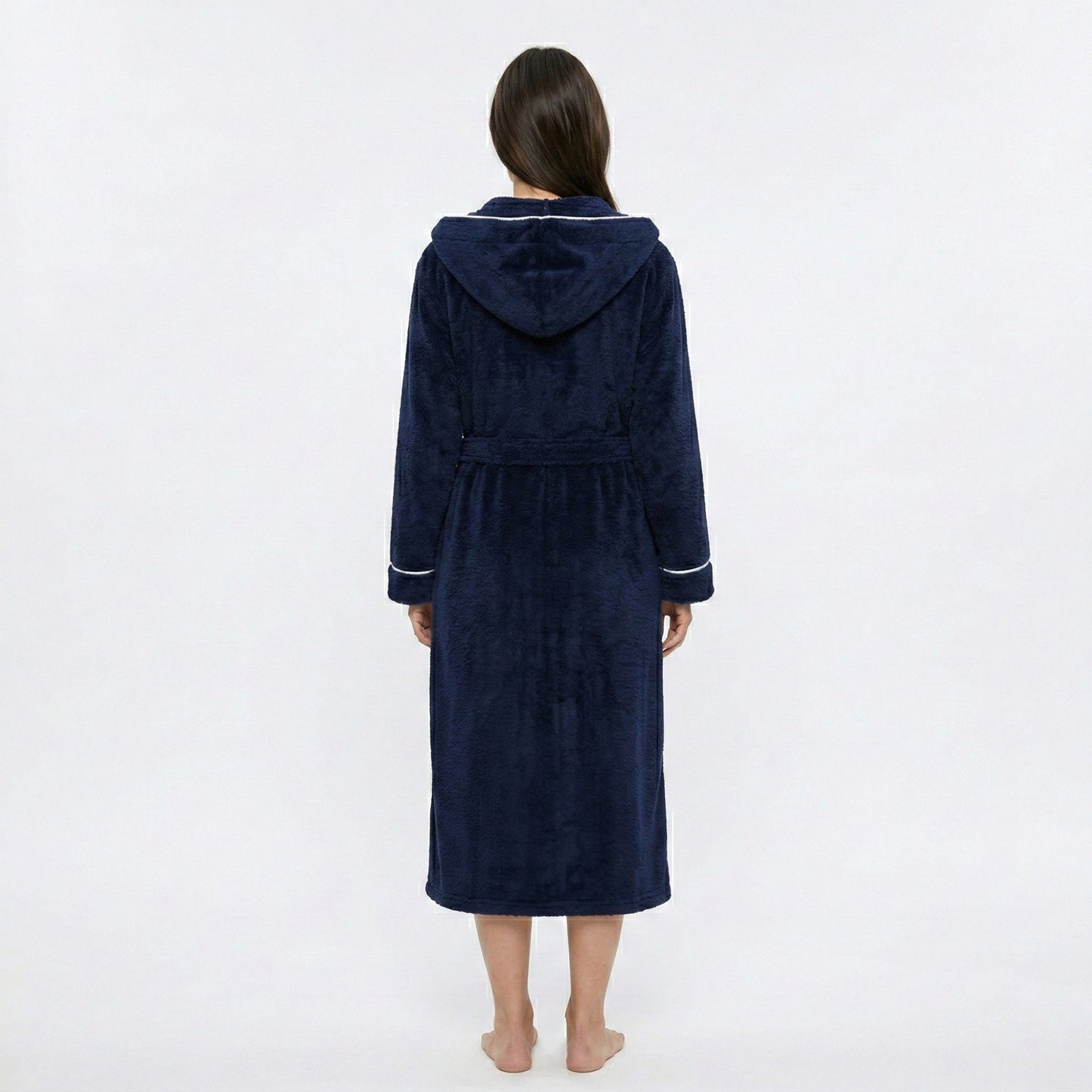 Plush Hooded Long Bathrobe with Full Length Wrap Design Adjustable Waist Tie Contrast Trim