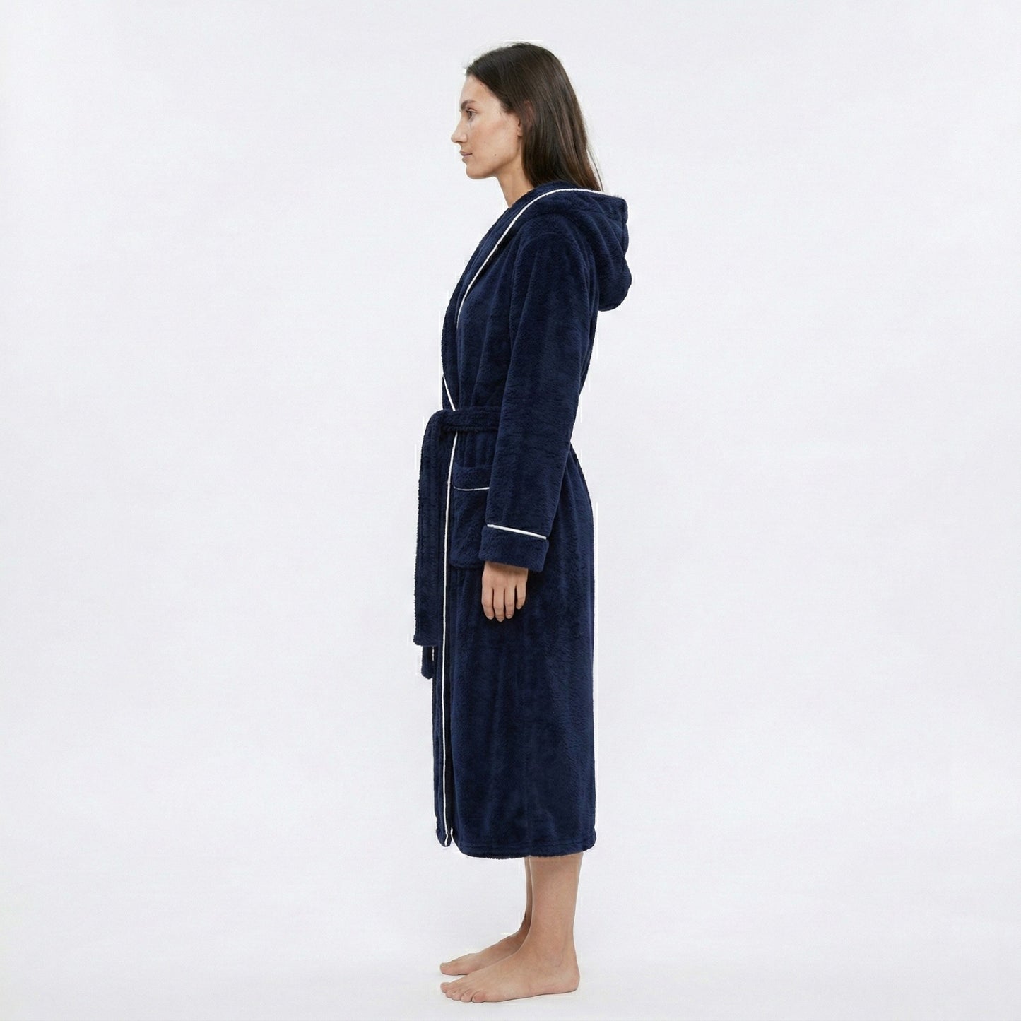 Plush Hooded Long Bathrobe with Full Length Wrap Design Adjustable Waist Tie Contrast Trim