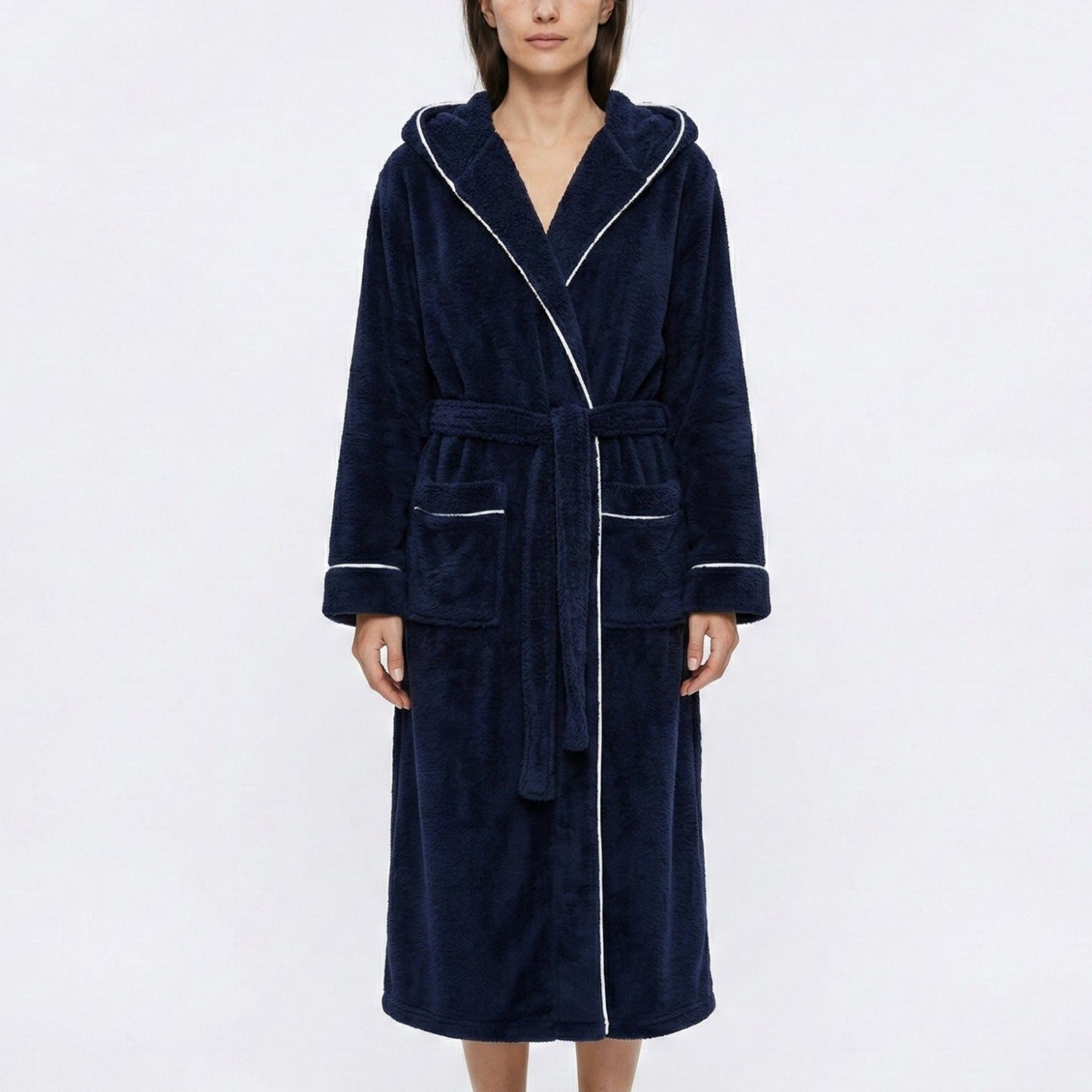 Plush Hooded Long Bathrobe with Full Length Wrap Design Adjustable Waist Tie Contrast Trim