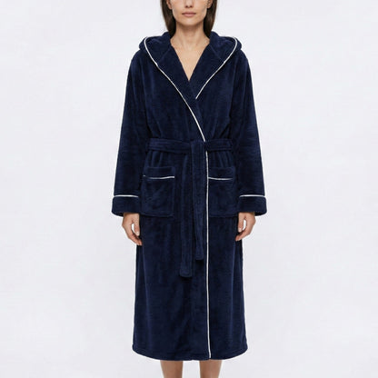 Plush Hooded Long Bathrobe with Full Length Wrap Design Adjustable Waist Tie Contrast Trim