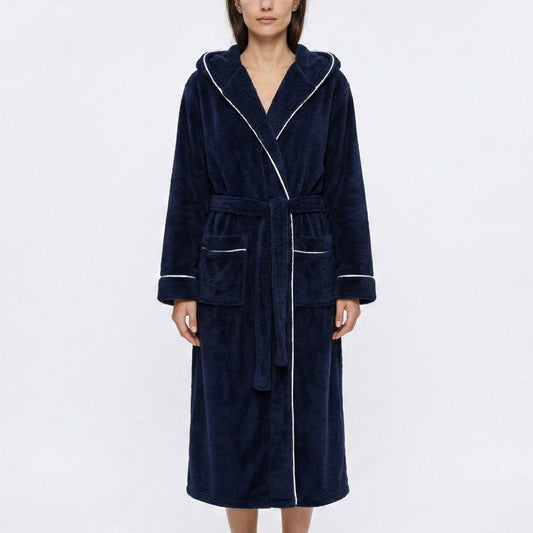 Plush Hooded Long Bathrobe with Full Length Wrap Design Adjustable Waist Tie Contrast Trim