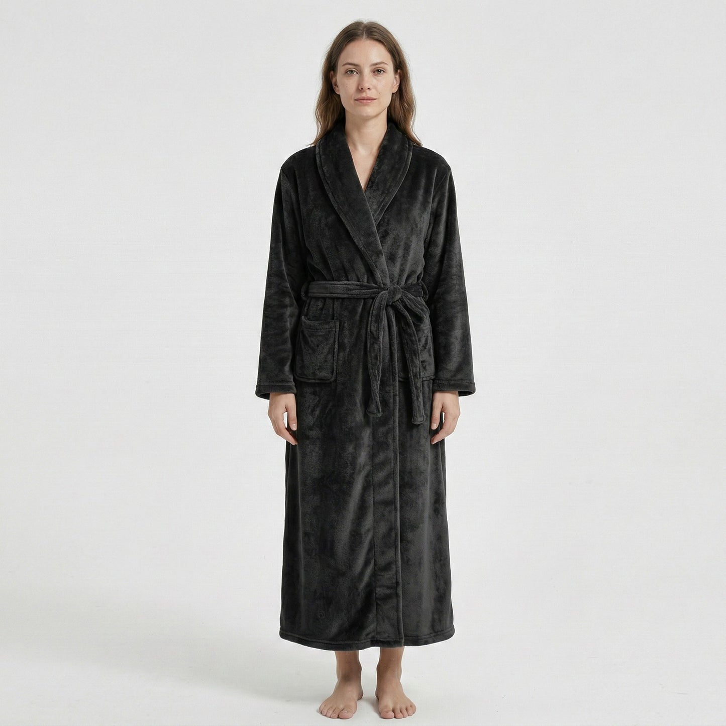 Plush Shawl Collar Long Bathrobe with Full Length Wrap Design Adjustable Waist Tie